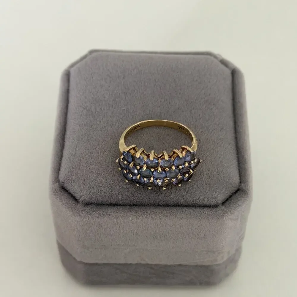 Clyde Duneier Designer 10K Yellow Gold Tanzanite Triple Row Ring Size 6